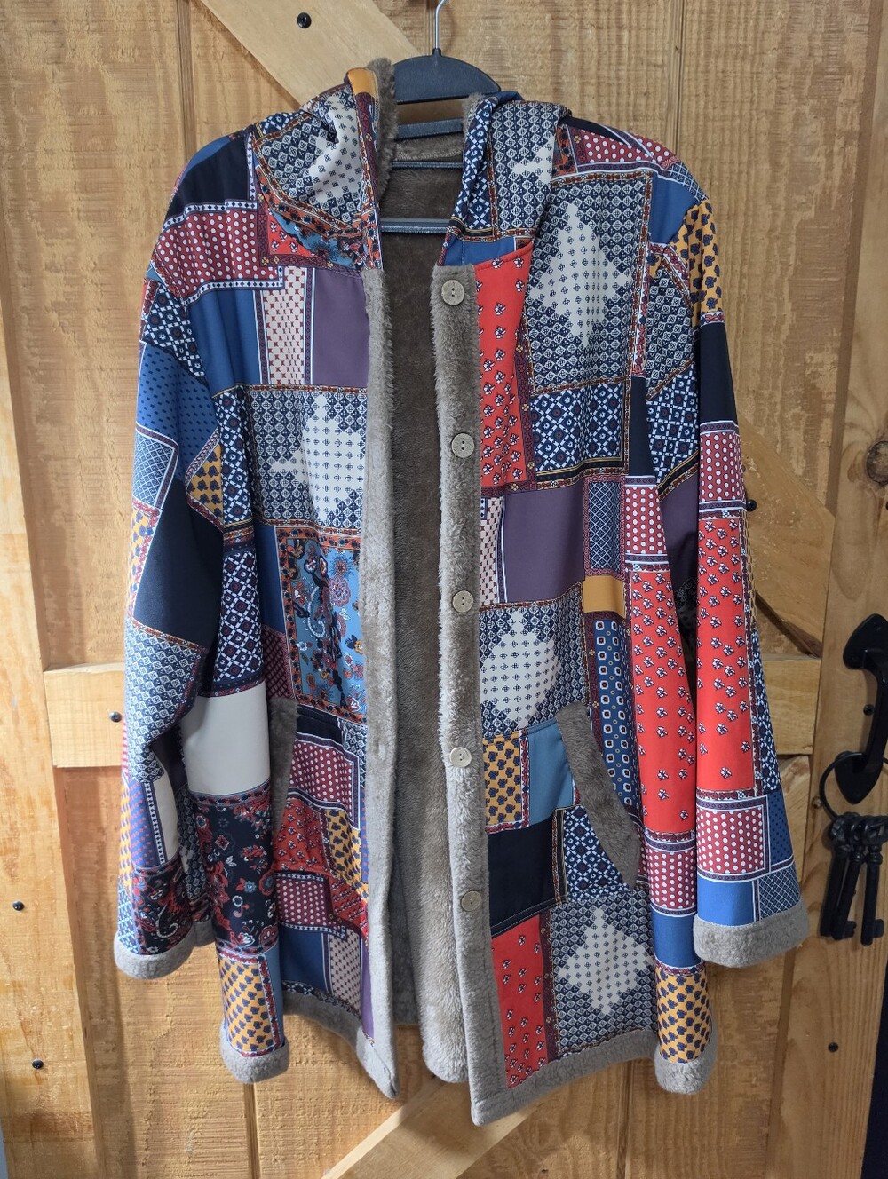 SHEIN Patchwork Hooded Pea Coat in Red, Blue & Purple